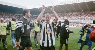 Newcastle United v Nottingham Forest, final score 5-0 to Newcastle United. Premier League. St James' Park. Pictured, Newcastle United players, including Alan Shearer, celebrating their win, 11th May 1997.